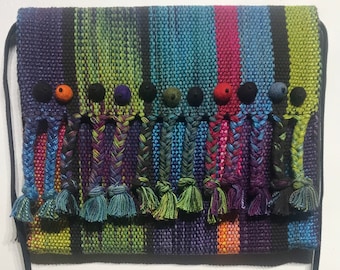 Hand Dyed Hand Woven Shoulder Bag in Silks and Cottons with Wool Felt Ball Embellishments 14" x 11" + 46" Woven Strap