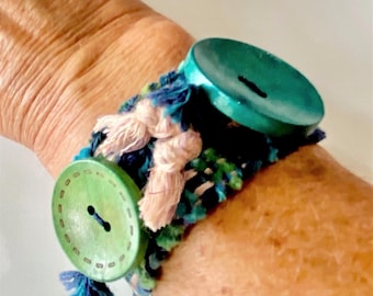 Hand Woven Fiesta Loom Chunky Bracelet with Turquoise and Green Wooden Buttons and Clay Bead