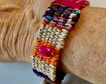 Hand Dyed Fiesta Loom Bracelet 1" wide in Hot Pink, Orange, Sanded Glass Bead, Black Button