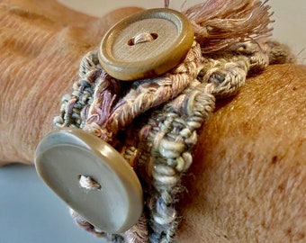 Hand Woven Chunky Fiesta Loom Bracelet in Soft Tan  and Taupe Tones in Wool, Cotton, Silk with Vintage Buttons and Sanded Glass Bead