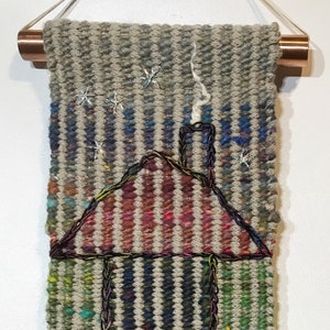 Hand Woven Hand Dyed Tapestry 5 x 25 in Wool, Linen, Cotton, Hand Spun Wool and Silk Blend Yarns Copper Rods image 3
