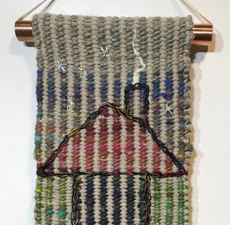 Hand Woven Hand Dyed Tapestry 5 x 25 in Wool, Linen, Cotton, Hand Spun Wool and Silk Blend Yarns Copper Rods image 3