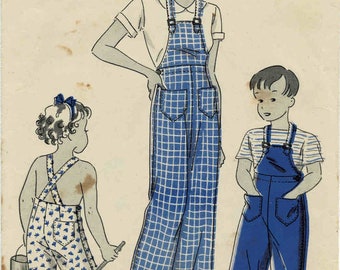 1930s Boys and Girls Bib Overalls Hollywood 1101 Vintage Sewing Pattern Size 6