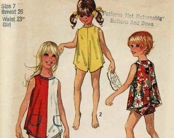 1970s Girls Pantdress Romper Playsuit Simplicity 8765 Vintage Sewing Pattern Size 7 Breast 26 UNCUT