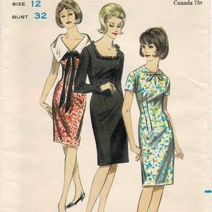 May include: Vintage sewing pattern for three dresses, featuring a black dress with a lace trim, a red and black dress with a bow, and a green and white floral dress. The pattern is for size 12, bust 32, and is from Butterick pattern number 3767.