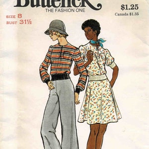 May include: A vintage sewing pattern for a women's top and skirt. The pattern is from Butterick and is number 3483. The pattern is for moderate stretch knits only. The size is 8 and the bust measurement is 31 1/2 inches.