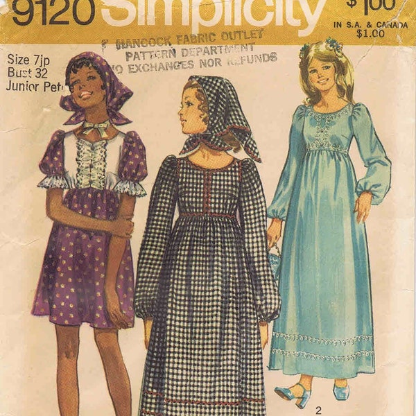 1970s High Waist Dress in Mini, Midi and Maxi Lengths Simplicity 9120 Vintage Sewing Pattern Junior Petite Size 9 Bust 33