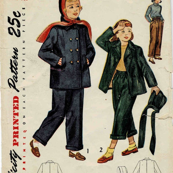 1940s Girls Double Breasted Box Jacket Hood and Slacks / Pants in Two Lengths Simplicity 2967 Vintage Sewing Pattern Size 10 Breast 28