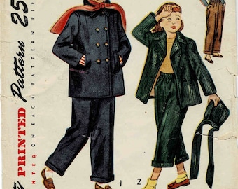 1940s Girls Double Breasted Box Jacket Hood and Slacks / Pants in Two Lengths Simplicity 2967 Vintage Sewing Pattern Size 10 Breast 28