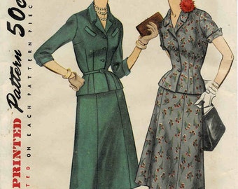 1950s Misses Two-Piece Suit Dress Jacket Top Gored Flared Skirt Simplicity 1007 Vintage Sewing Pattern Size 18 1/2 Bust 37 UNCUT