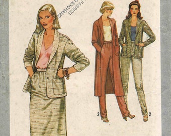 1970s Misses Shawl Collar Short or Long Jacket Skirt Pants Simplicity 8855 Vintage Sewing Pattern Size 6 - 8 - Bust 30 1/2 - 31 1/2 UNCUT