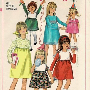 May include: Vintage Simplicity sewing pattern 6811 for girls' dresses. The pattern includes five different dress styles, with options for short or long sleeves, and a variety of necklines. The pattern is for sizes 10, with a 28 inch bust.