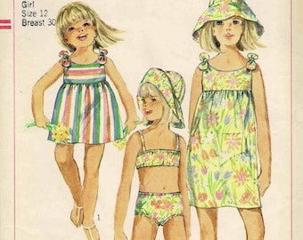 1960s Girls Beach-Dress Two-Piece Bathing-Suit Hat Bra Top Shorts Sundress Simplicity 7107 Vintage Sewing Pattern Size 12 Breast 30 UNCUT