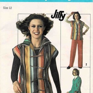 May include: Simplicity sewing pattern number 7614 for a sleeveless vest with a striped design and a collar. The pattern includes instructions for two different styles of pants. The pattern is labeled "Jiffy" and is for size 12.