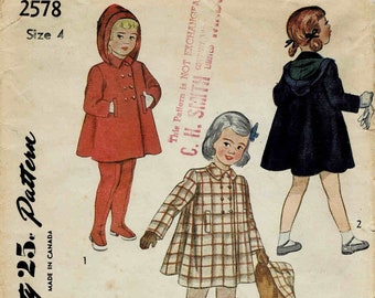 1940s Little Girls Double Breasted Swing Coat Hood Suspenders Leggings Pants Simplicity 2578 Vintage Sewing Pattern Size 4 Breast 23