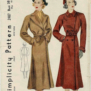 1930s Simplicity 2487 Misses Double Breasted Coat or Wrap Coat Vintage Sewing Pattern Bust 38