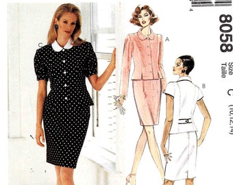 Misses Princess Seam Jacket Slim Skirt Two-Piece Dress McCalls 8058 Vintage Sewing Pattern Size 10 - 12 - 14 Bust 32 1/2 - 34 - 36 UNCUT
