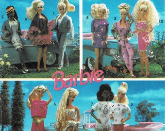 May include: A Simplicity sewing pattern for Barbie dolls. The pattern includes ten different outfits, including a pink and white striped dress, a blue and white striped dress, a pink and white striped top, a blue and white striped top, a pink and white striped skirt, a blue and white striped skirt, a pink and white striped jacket, a blue and white striped jacket, a pink and white striped pants, and a blue and white striped pants.