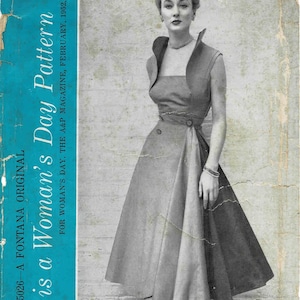 May include: A black and white vintage illustration of a woman wearing a sleeveless dress with a collar. The dress has a wrap-style design and a cinched waist. The woman is wearing heels and has her hair styled in a bouffant. The image is from a vintage pattern magazine and includes the text "this is a Woman's Day Pattern" and "PRICE 35c".