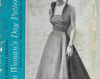 1950s Fontana Original Dress Flattering Standaway Collar Wrap Skirt Dress Womans Day 5026 Vintage Sewing Pattern Size 16 Bust 34 UNCUT