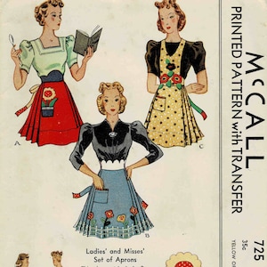 1930s McCall 725 Ladies and Misses Set of Aprons Vintage Sewing Pattern UNUSED Transfer Included