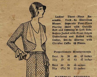 1930s Misses Bolero Jacke, Bluse und Rock auf Versand 760 Vintage Schnittmuster Ganzfigur Büste 40
