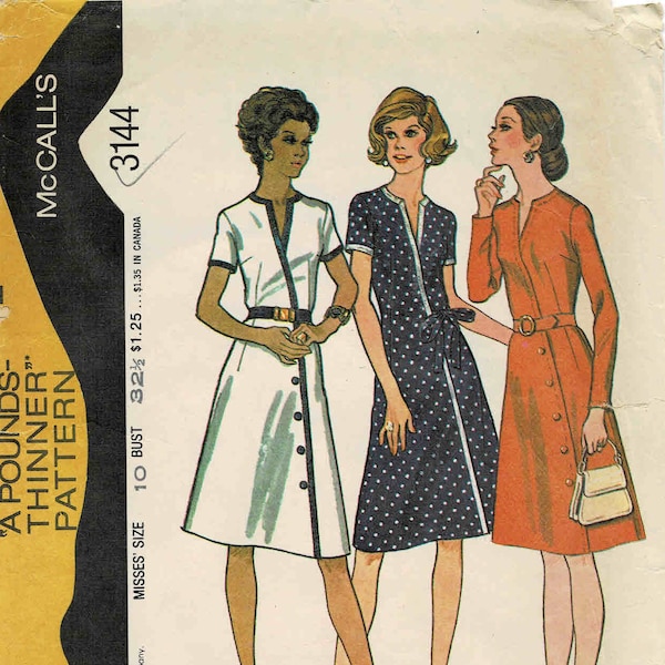 1970s Misses Jewel Neck or V-Neckline Surplice Wrap Dress Pounds Thinner McCalls 3144 Vintage Sewing Pattern Size 10 Bust 32 1/2