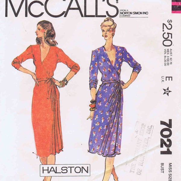 1980s Misses Front Wrap V-Neck Dress Designer Halston McCall's 7021 Vintage Sewing Pattern Size 12 Bust 34