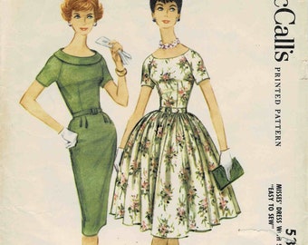 1960 Misses Scoop Neck Full or Slim Skirt Dress Raglan Sleeves Gored Skirt McCalls 5357 Vintage Sewing Pattern Size 14 Bust 34