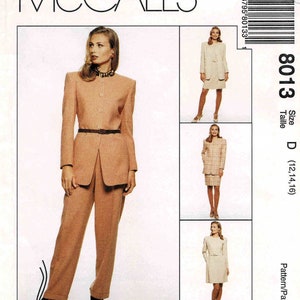 May include: A sewing pattern for a suit with a jacket and skirt or pants. The pattern is for sizes 12, 14, and 16. The pattern is from McCall's and is called Petite-Able.