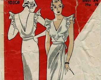 1930s Misses High Waist Nightgown Evening Lingerie DuBarry 1030B Vintage Sewing Pattern Bust 34