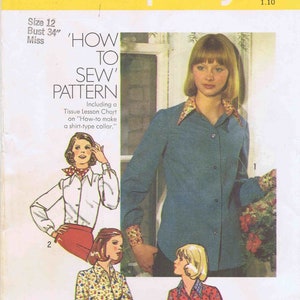 1970s Misses Blouse Simplicity 6517 Vintage Sewing Pattern Size 12 Bust 34 UNCUT