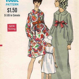 May include: A vintage sewing pattern for a dress with a floral print, a solid green dress, and a white dress. The pattern is for size 10, bust 32 1/2 inches, and hip 34 1/2 inches. The pattern is called Vogue Pattern and costs $1.50. The pattern is also available in Canada for $1.65.