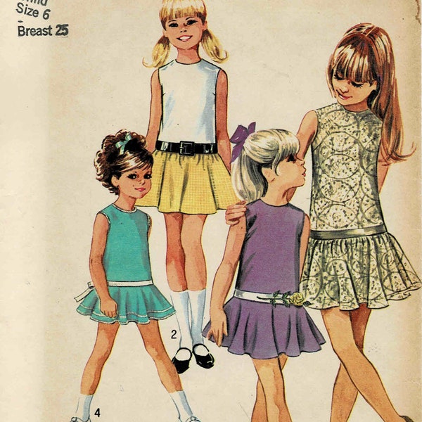 1960s Girls Drop Waist Dress with Two Skirts Simplicity 8223 Vintage Sewing Pattern Size 6 Breast 25 OR Size 12 Breast 30