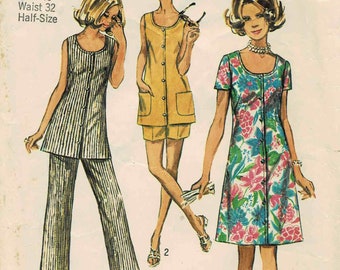 1970s Misses Jiffy Pants Shorts Dress Tunic Simplicity 8846 Vintage Sewing Pattern Half Size 16 1/2 Bust 39 UNCUT