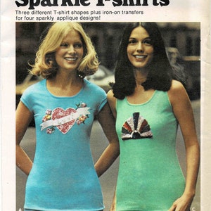 May include: A sewing pattern for three different T-shirt styles with sparkly applique designs. The pattern includes a muscle sleeve T-shirt with a heart motif, a tank top with a sunburst of sequins, and a sleeveless T-shirt with a fan-shaped applique. The pattern is for size 14. Butterick 3830 $1.25 Canada $1.35.