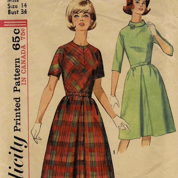 1960s Misses Kimono Sleeve Dress Simplicity 5564 Vintage Sewing Pattern Size 14 Bust 34