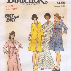 May include: A sewing pattern for three different styles of robes. The pattern is for sizes 8-18 and includes instructions for a yellow robe, a white robe with a geometric pattern, and a blue robe with a floral pattern. The pattern is from Butterick and is labeled "Fast and Easy".
