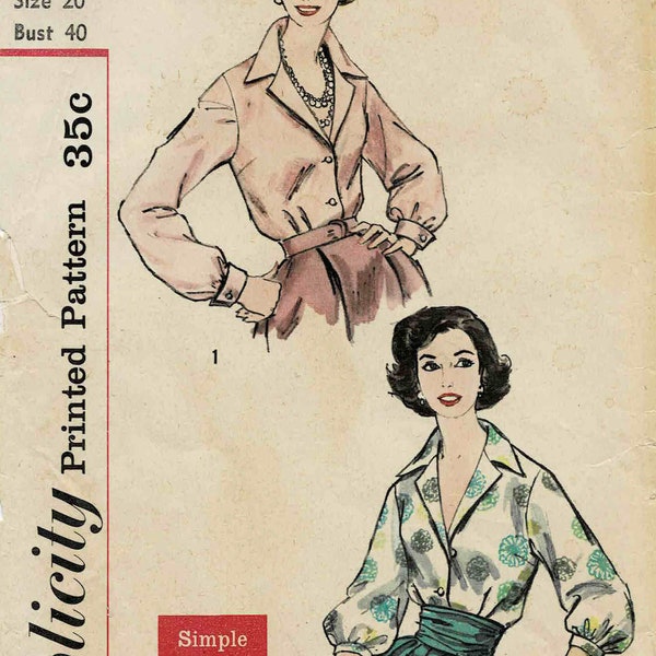 1950s Misses' and Women's Casual or Dressy Blouse Simplicity 2347 Vintage Sewing Pattern Size 20 Bust 40