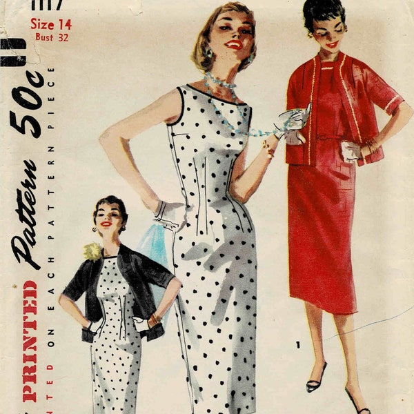 1950s Misses Sheath Dress and Jacket Simplicity 1117 Vintage Sewing Pattern Size 14 Bust 32