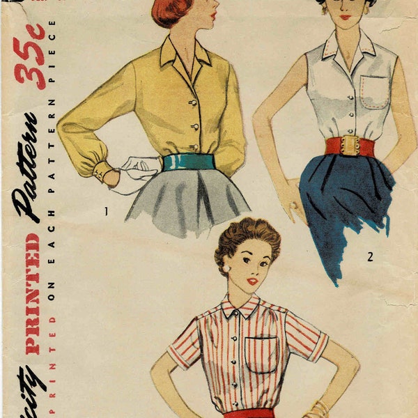 1950s Misses Front Buttoned Blouse Simplicity 4256 Vintage Sewing Pattern Size 12 Bust 30 UNCUT