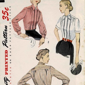 1950s Misses Fly Front Box Pleated Blouse Simplicity 3661 Vintage Sewing Pattern Size 16 Bust 34