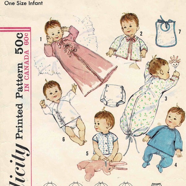 1960s Infants' Layette Kimono Sacque Sleeper Pajama Top and Pants Undershirt Bib Simplicity 5163 Vintage Sewing Pattern One Size Only