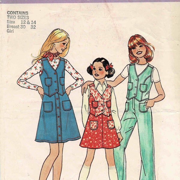1970s Girls Vest, Pants and Skirt Simplicity 7416 Vintage Sewing Pattern Size 12 - 14  Breast 30 - 32