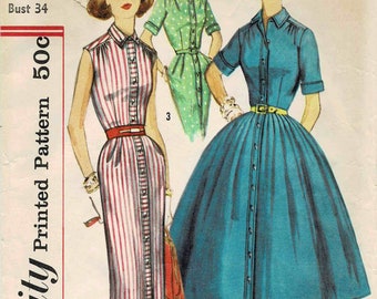 1950s Misses Slim or Full Skirt Shirtwaist Dress Simplicity 1946 Vintage Sewing Pattern Size 14 Bust 34