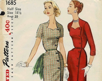1950s Misses Slim Wrap Sweetheart Neckline Dress Simplicity 1685 Vintage Sewing Pattern Full Figure Size 18 1/2 Bust 39 UNCUT