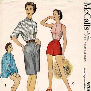 1950s Misses Slit Neckline Halter, Shirt and Shorts McCalls 9708 Vintage Transfer Pattern Size 14 Bust 32 image 1