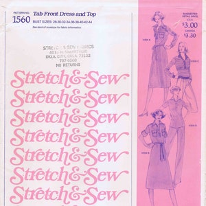 May include: A vintage sewing pattern for a tab front dress and top. The pattern is designed for knit fabrics and is by Ann Person. The pattern number is 1560 and the bust sizes are 28-30-32-34-36-38-40-42-44.