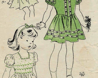 1940s Little Girls Fitted Bodice Basque Dress with Puff Sleeves New York 1841 Vintage Sewing Pattern Size 4 Breast 23