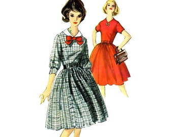 1960s Misses Full Skirt Dress Simplicity 5546 Vintage Sewing Pattern V-Neckline Dress with Detachable Collar Size 16 Bust 36